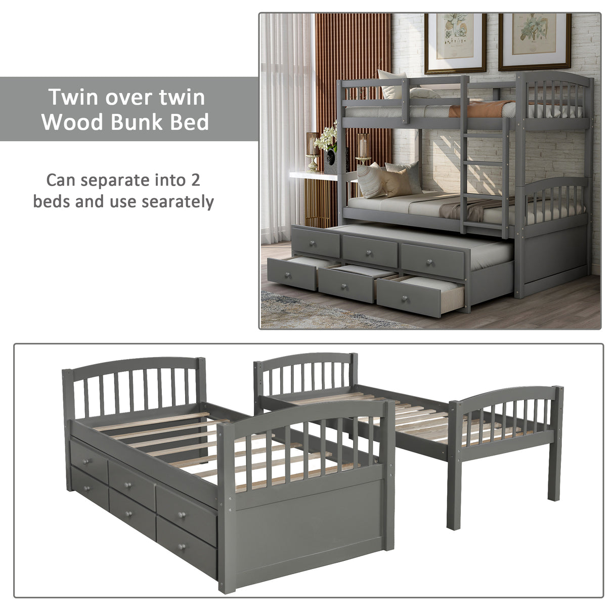 Twin Bunk Bed with Ladder, Safety Rail, Twin Trundle Bed with 3 Drawers for Bedroom, Guest Room Furniture(Gray)(OLD SKU :LP000071AAE) - Home Elegance USA