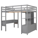 Full Size Loft Bed with Built-in Desk with Two Drawers, and Storage Shelves and Drawers,Gray - Home Elegance USA