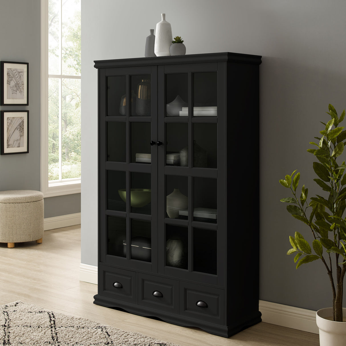 Storage Cabinet with Tempered Glass Doors Curio Cabinet with Adjustable Shelf Display Cabinet with Triple Drawers Home Elegance USA