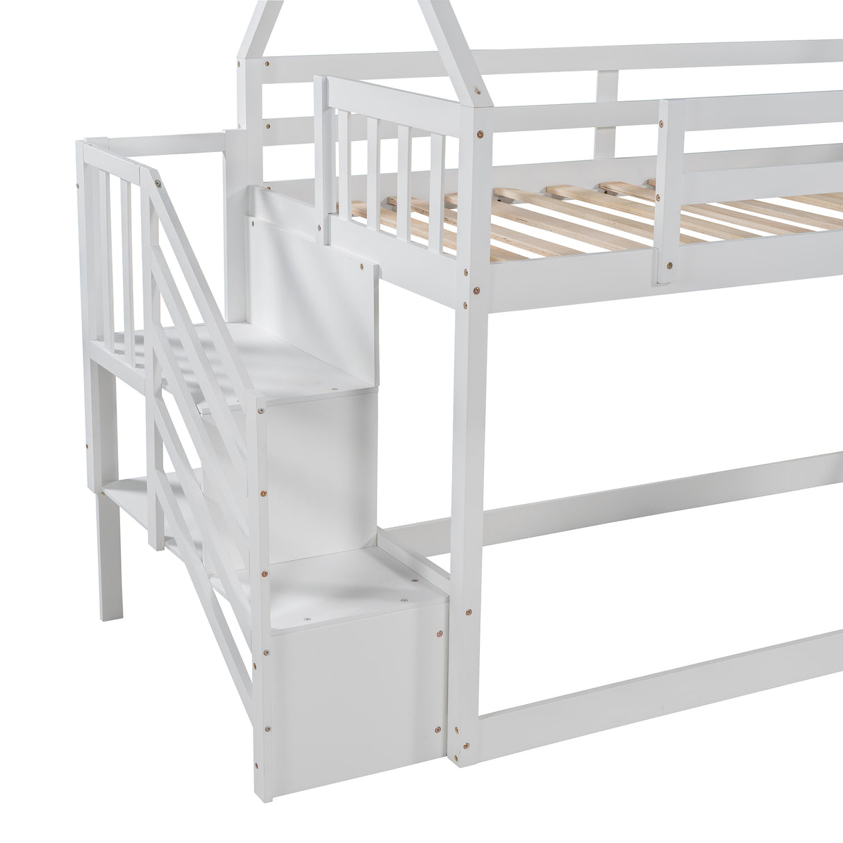 Twin over Twin House Bunk Bed with Slide and Storage Staircase,White - Home Elegance USA