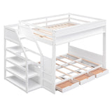 Wood Full Size Convertible Bunk Bed with Storage Staircase, Bedside Table, and 3 Drawers, White - Home Elegance USA