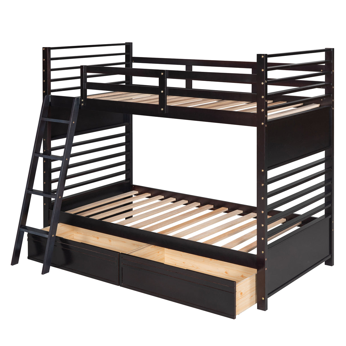 Twin over Twin Wood Bunk Bed with Two Drawers - Espresso· - Home Elegance USA