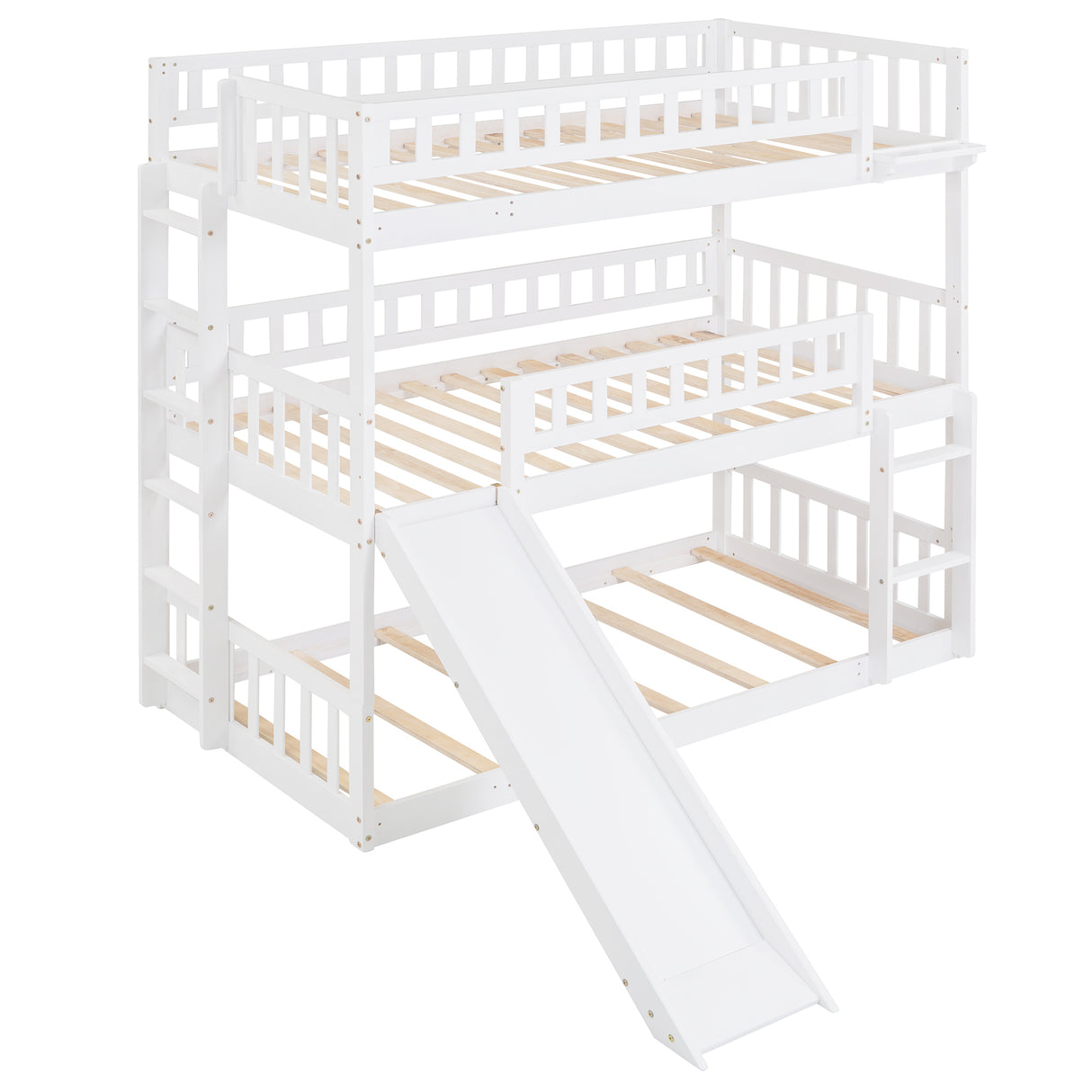 Twin-Over-Twin-Over-Twin Triple Bed with Built-in Ladder and Slide, Triple Bunk Bed with Guardrails, White(OLD SKU: LP000051AAK) - Home Elegance USA