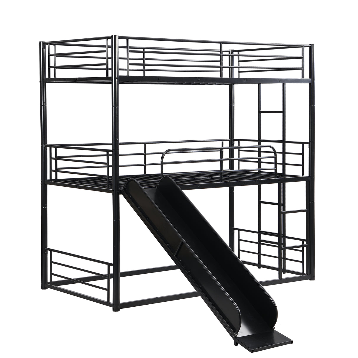 Twin Size Metal Bunk Bed with Ladders and Slide, Divided into Platform and Loft Bed, Black - Home Elegance USA