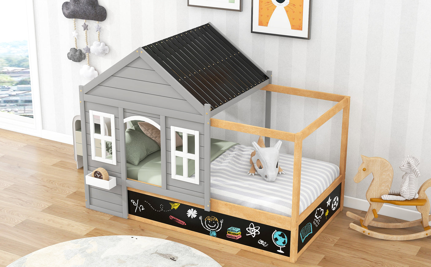 Twin Size House Shaped Canopy Bed with Black Roof and White Window,Blackboard and Little Shelf,Gray - Home Elegance USA