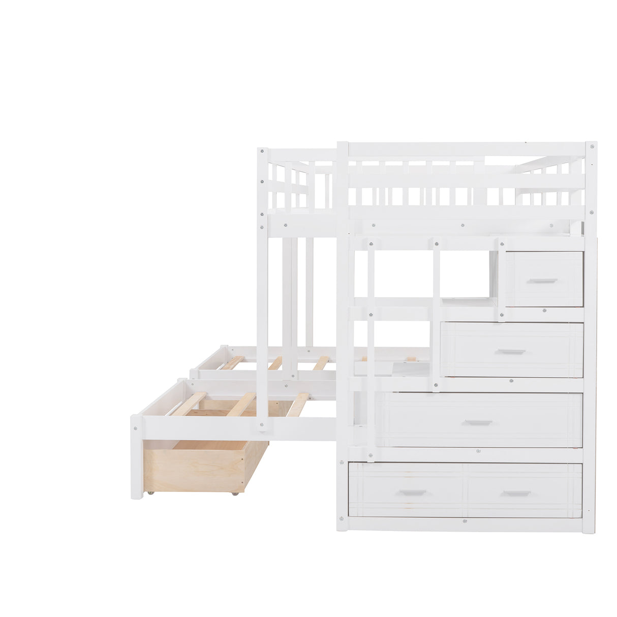 Full Over Twin & Twin Bunk Bed, Wood Triple Bunk Bed with Drawers and Guardrails (White) Home Elegance USA