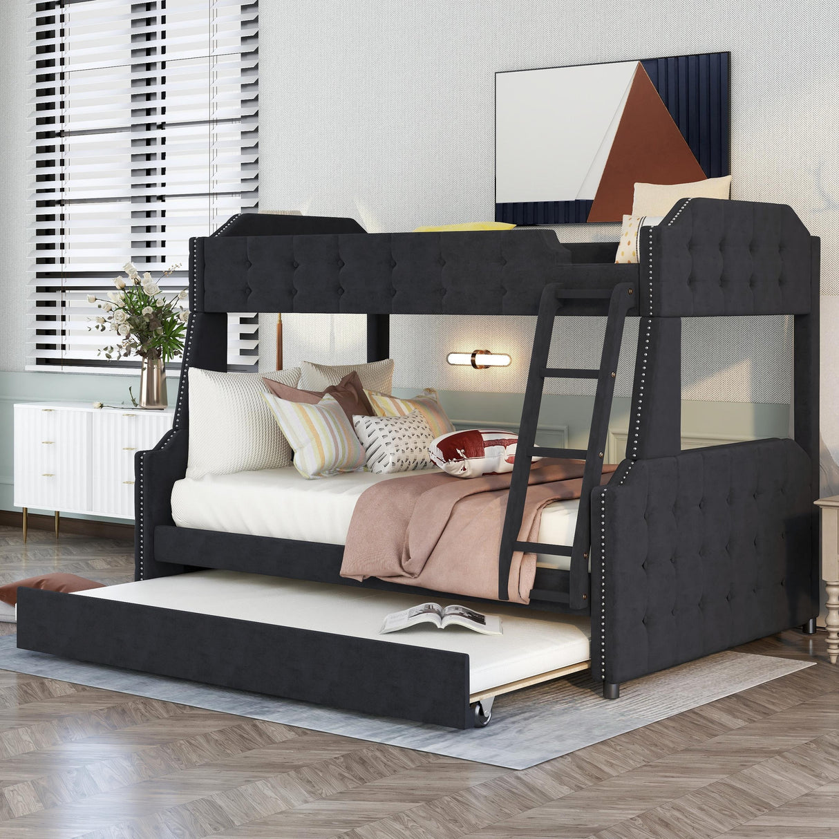 Twin over Full Upholstered Bunk Bed with Trundle and Ladder,Tufted Button Design,Black - Home Elegance USA
