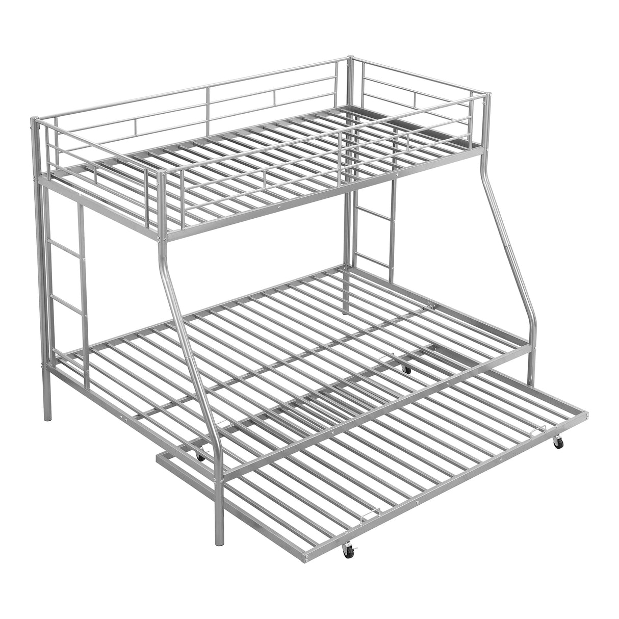 Twin over Full Bed with Sturdy Steel Frame, Bunk Bed with Twin Size Trundle, Two-Side Ladders, Silver