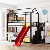 Twin Over Twin Metal Bunk Bed ,Metal Housebed with Slide and Storage Stair,Black with Red Slide(OLD SKU:LP000195AAJ) - Home Elegance USA