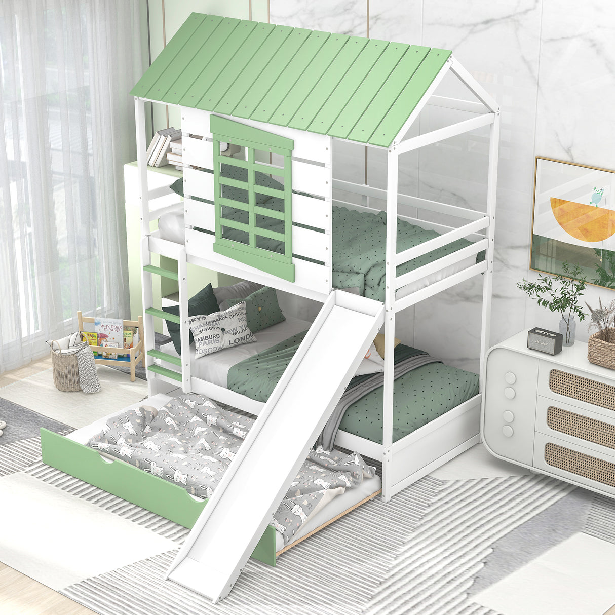 Twin over Twin Size House Bunk Bed with Convertible Slide and Trundle, White+Green - Home Elegance USA