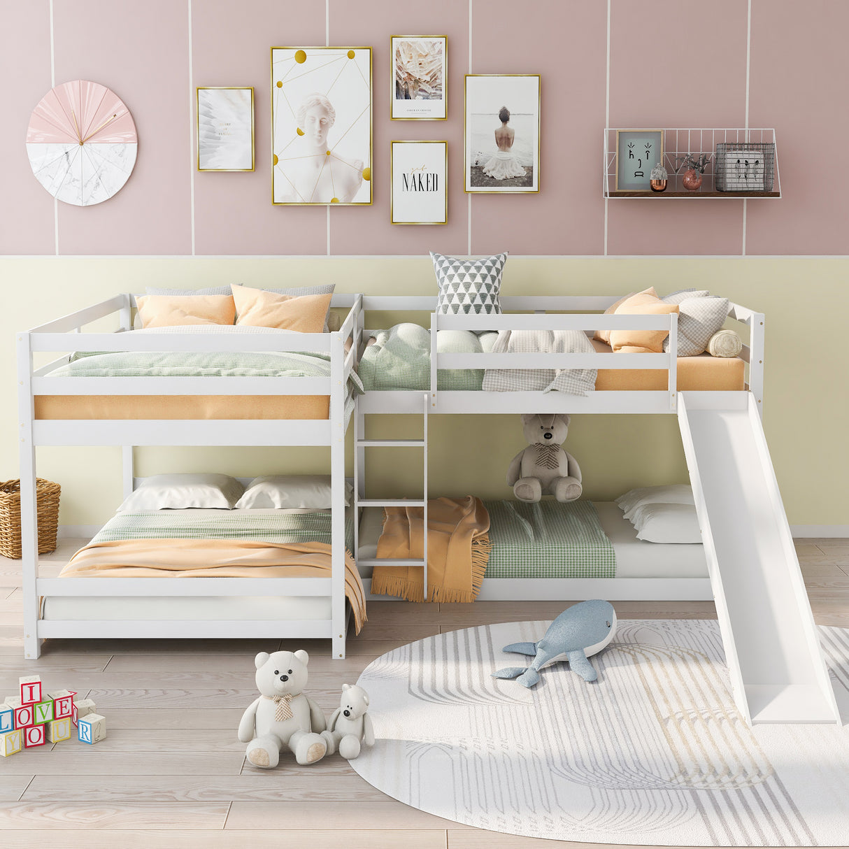 Full and Twin Size L-Shaped Bunk Bed with Slide and Short Ladder,White - Home Elegance USA