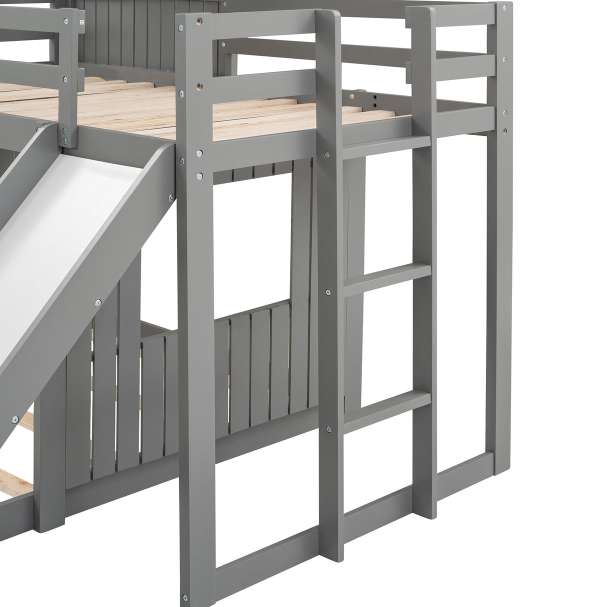 Wooden Twin Over Full Bunk Bed, Loft Bed with Playhouse, Farmhouse, Ladder, Slide and Guardrails, Gray(OLD SKU :LT000028AAN) Home Elegance USA