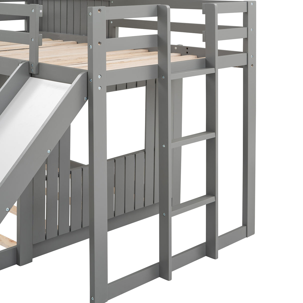 Wooden Twin Over Full Bunk Bed, Loft Bed with Playhouse, Farmhouse, Ladder, Slide and Guardrails, Gray(OLD SKU :LT000028AAN) - Home Elegance USA