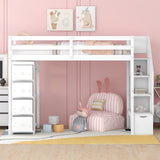 Twin size Loft Bed with Storage Drawers and Stairs, Wooden Loft Bed with Shelves - White - Home Elegance USA