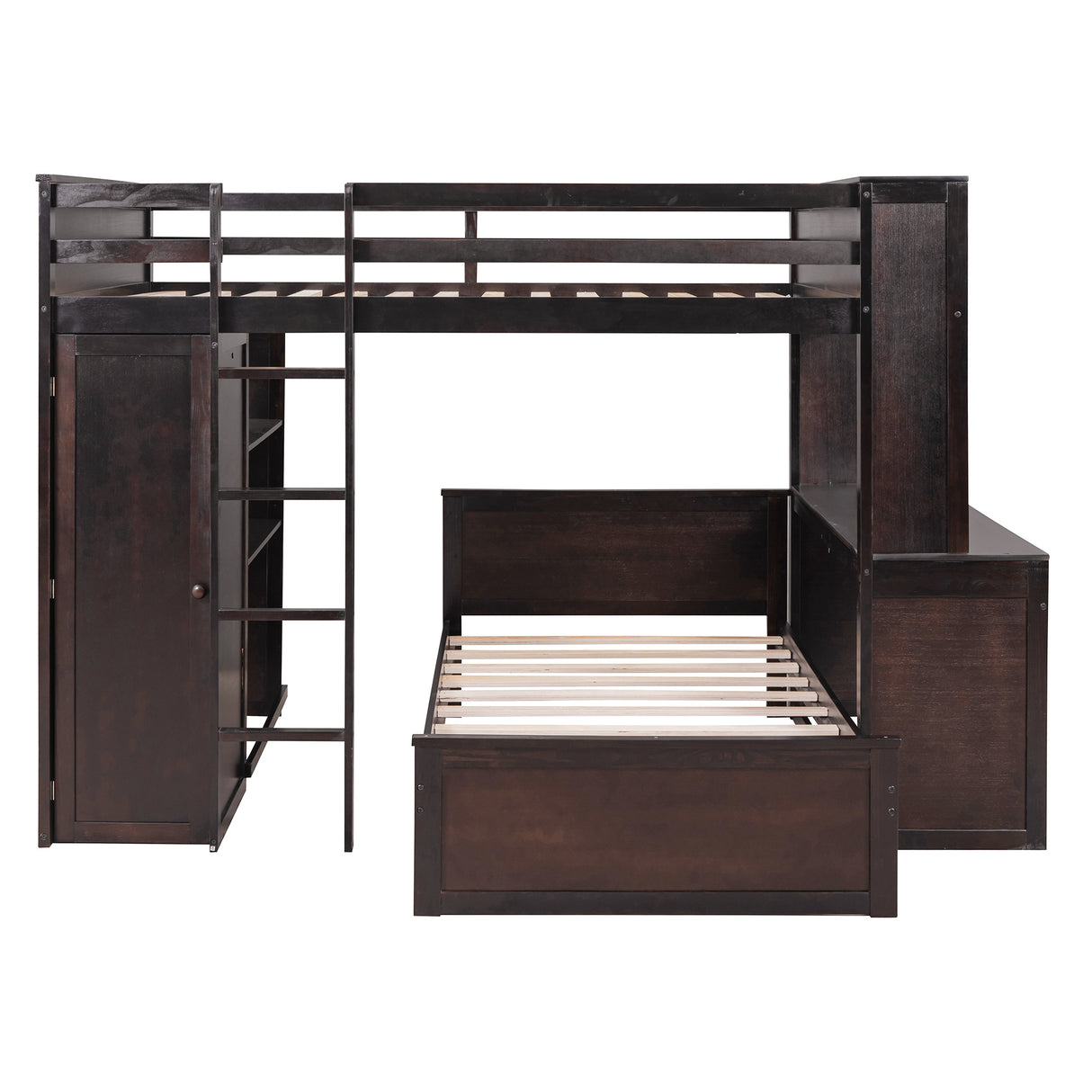 Full size Loft Bed with a twin size Stand-alone bed, Shelves,Desk,and Wardrobe-Espresso - Home Elegance USA