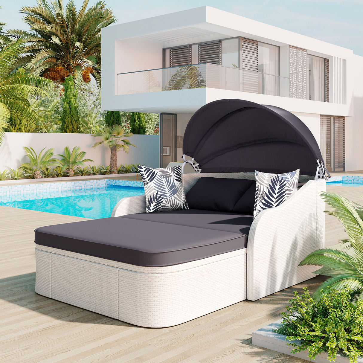 GO 79.9" Outdoor Sunbed with Adjustable Canopy, Double lounge, PE Rattan Daybed, White Wicker, Gray Cushion