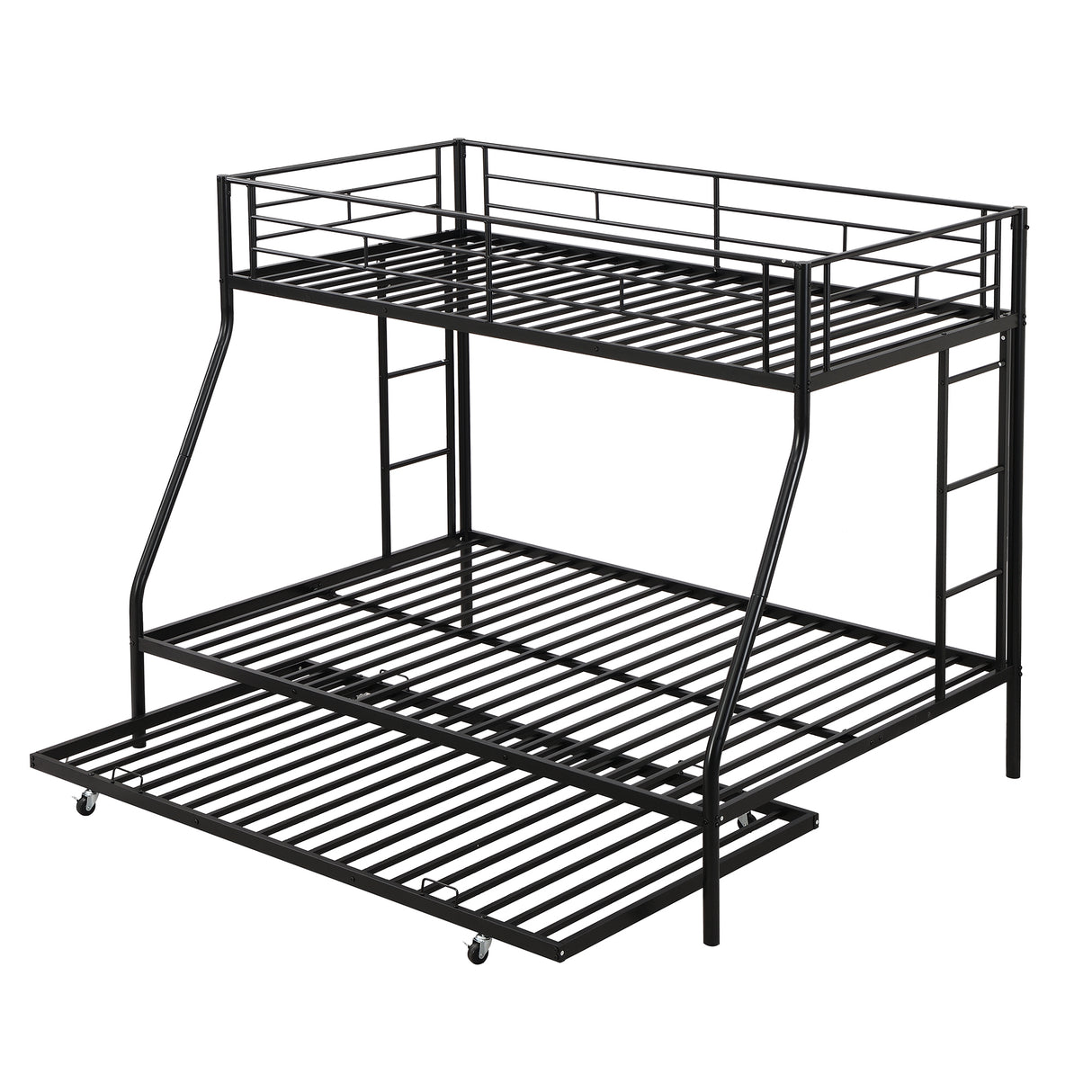 Twin over Full Bed with Sturdy Steel Frame, Bunk Bed with Twin Size Trundle, Two-Side Ladders, Black - Home Elegance USA