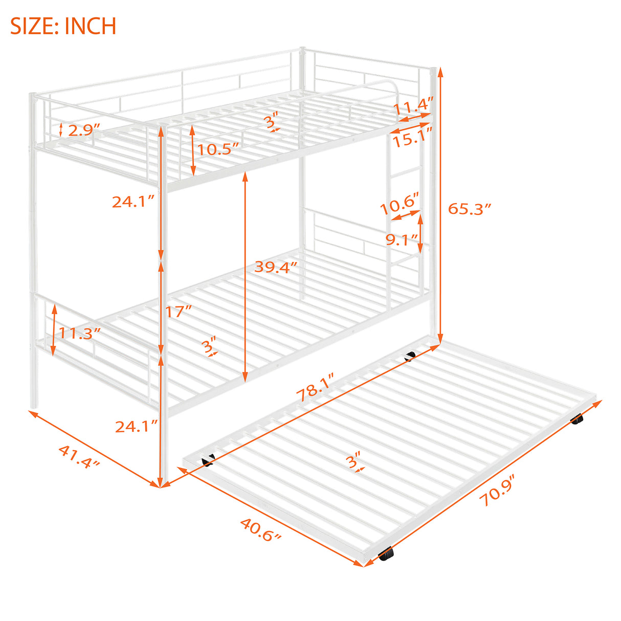 Twin-Over-Twin Metal Bunk Bed With Trundle,Can be Divided into two beds,No Box Spring needed ,White ( old sku: MF194806AAK ) - Home Elegance USA