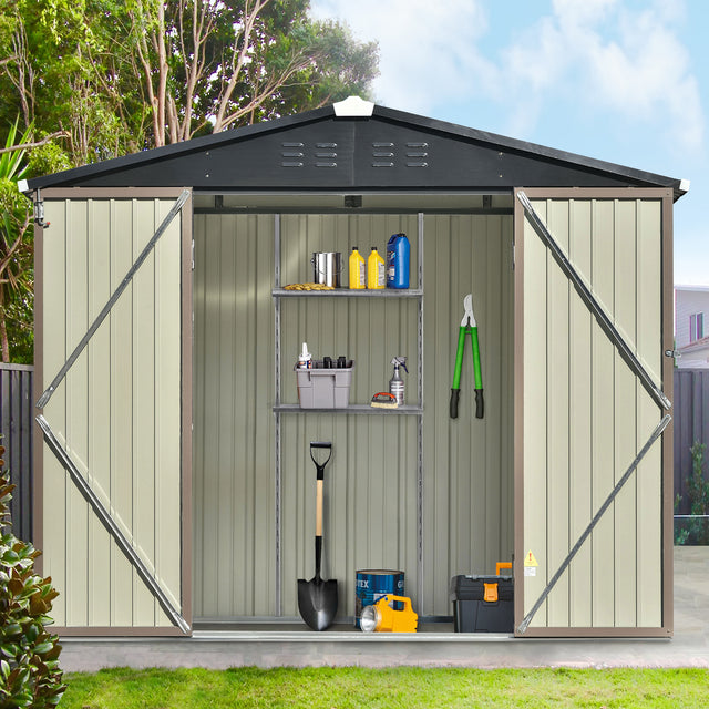 TOPMAX Patio 8ft x6ft Bike Shed Garden Shed, Metal Storage Shed with Adjustable Shelf and Lockable Doors, Tool Cabinet with Vents and Foundation Frame for Backyard, Lawn, Garden, Brown