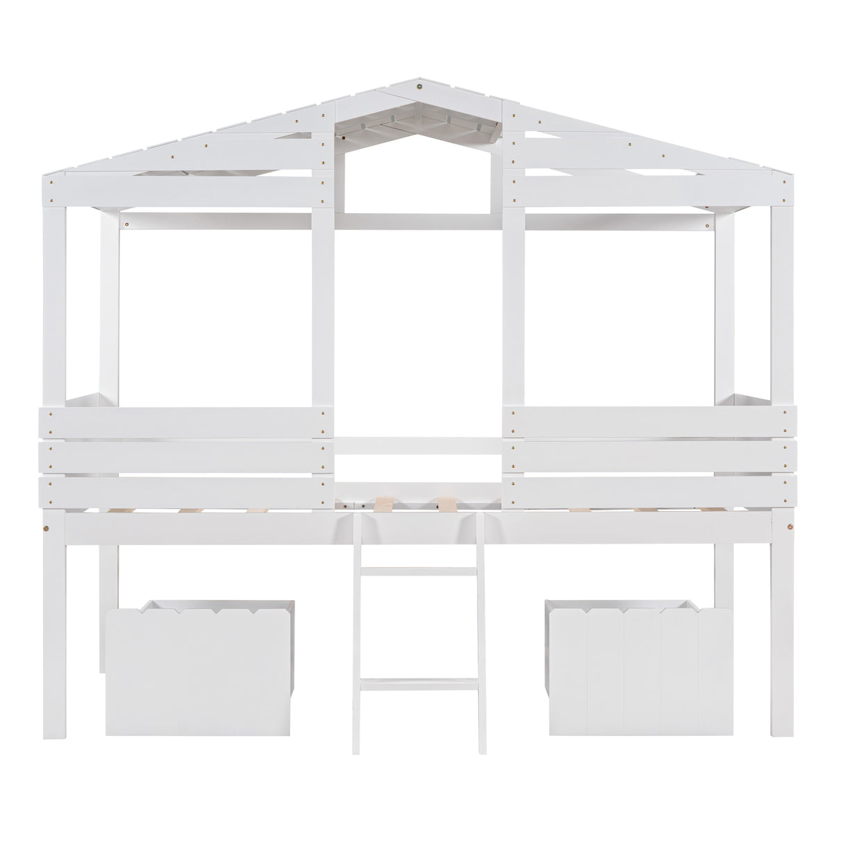 Twin Size Low Loft Wood House Bed with Two Drawers, White - Home Elegance USA