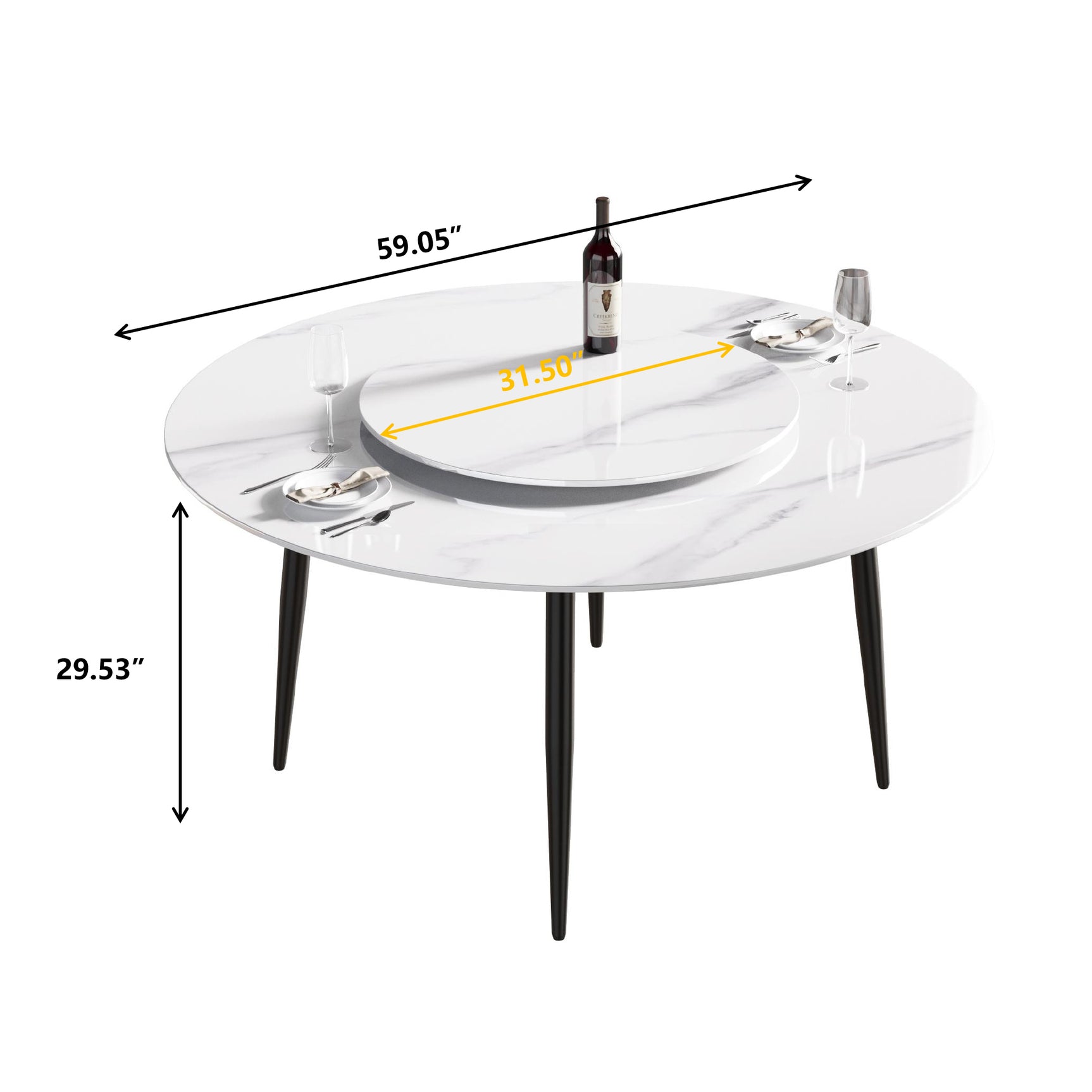 59.05"Modern artificial stone round black metal dining table - can accommodate 6 people - 31.5"white artificial stone turntable - W1535S00011 - image - 10