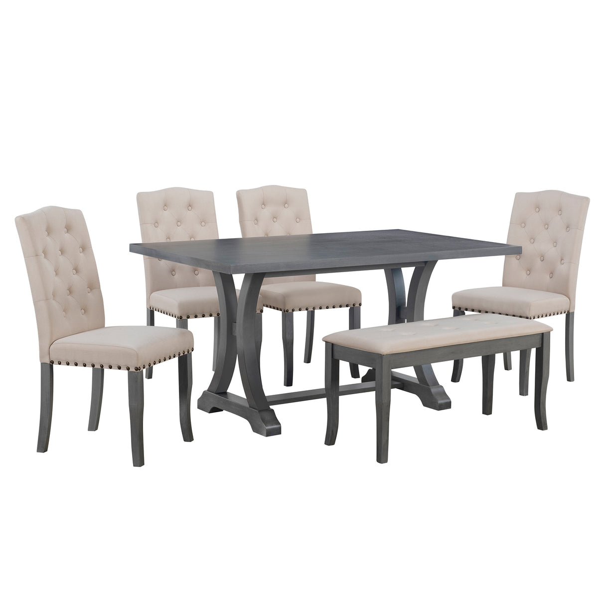 TREXM 6-Piece Farmhouse Dining Table Set, Rectangular Trestle Table and 4 Upholstered Chairs & Bench for Dining Room (Antique Gray) - Home Elegance USA