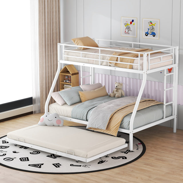 Twin over Full Bed with Sturdy Steel Frame, Bunk Bed with Twin Size Trundle, Two-Side Ladders, White - Home Elegance USA
