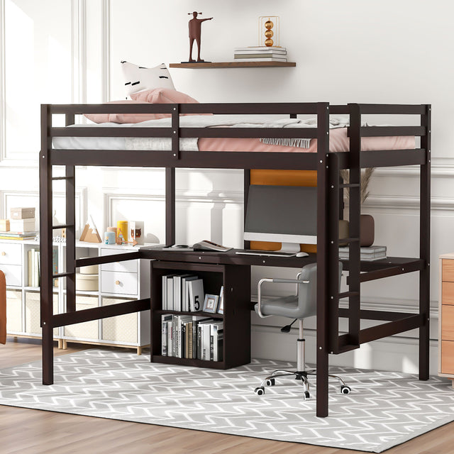 Full size Loft Bed with Desk and Writing Board, Wooden Loft Bed with Desk & 2 Drawers Cabinet- Espresso - Home Elegance USA