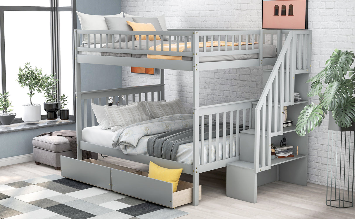 Full over Full Bunk Bed with Two Drawers and Storage, Gray - Home Elegance USA