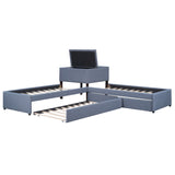 L-shaped Upholstered Platform Bed with Trundle and Two Drawers Linked with built-in Desk,Twin,Gray - Home Elegance USA