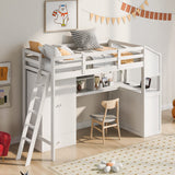 Twin Size Loft Bed with Wardrobe and Drawers, attached Desk with Shelves, White - Home Elegance USA