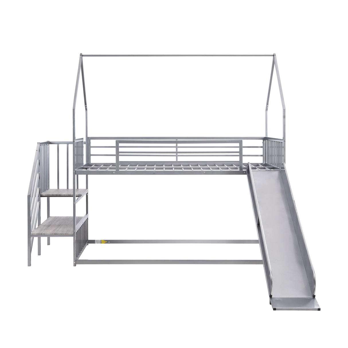 Twin over Twin Metal Bunk Bed House Bed with Slide and Staircase, Silver - Home Elegance USA