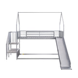 Twin over Twin Metal Bunk Bed House Bed with Slide and Staircase, Silver - Home Elegance USA