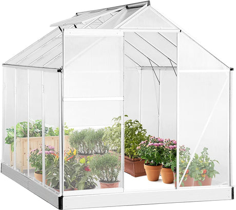 8.3' x 6.3 x 6.8' Aluminum Outdoor Greenhouse, Polycarbonate Walk-in Garden Greenhouse Kit with Adjustable Roof Vent, Rain Gutter and Sliding Door for Winter, Silver