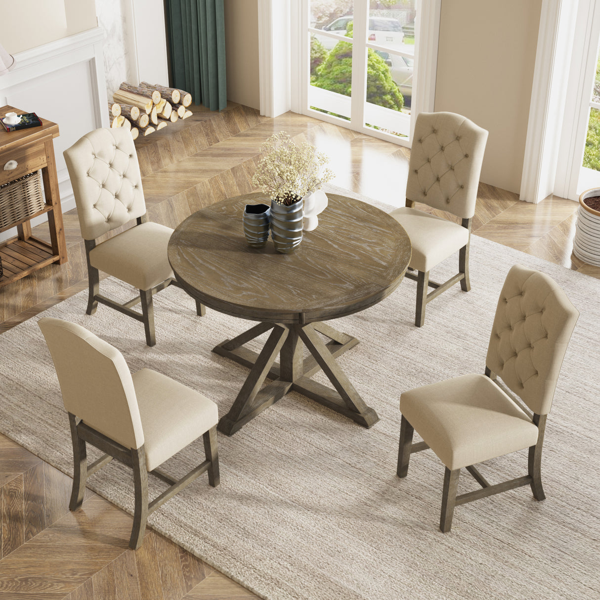 TREXM Functional Furniture Retro Style Dining Table Set with Extendable Table and 4 Upholstered Chairs for Dining Room and Living Room(Natural Wood Wash) - Home Elegance USA