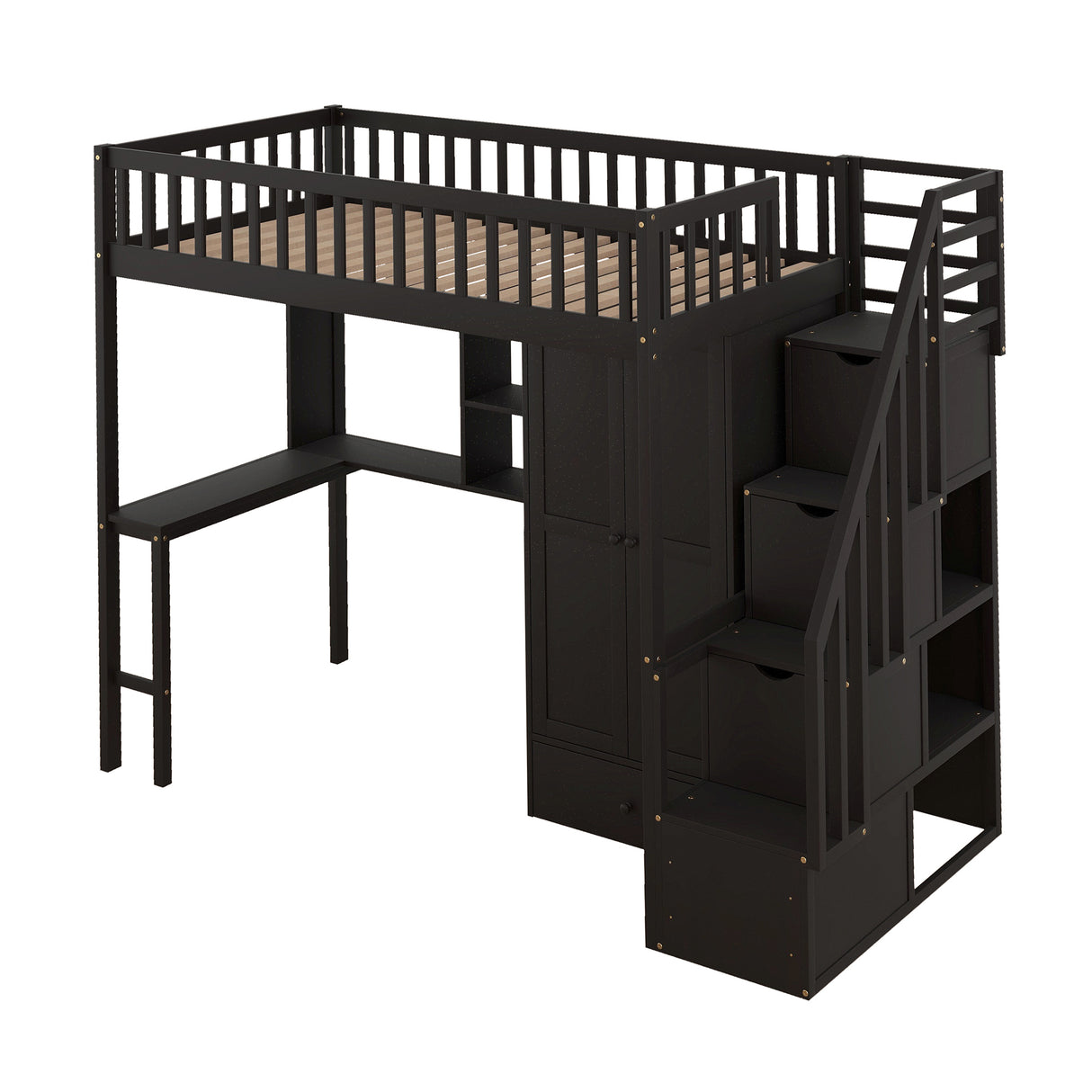 Twin size Loft Bed with Bookshelf,Drawers,Desk,and Wardrobe-Espresso - Home Elegance USA