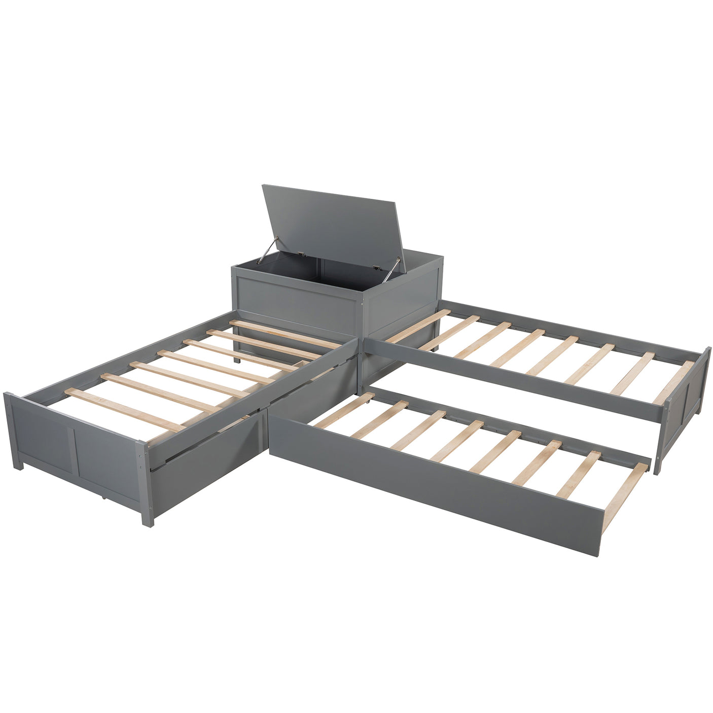 L-shaped Platform Bed with Trundle and Drawers Linked with built-in Flip Square Table,Twin,Gray - Home Elegance USA