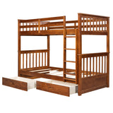 Twin-Over-Twin Bunk Bed with Ladders and Two Storage Drawers (Walnut) - Home Elegance USA