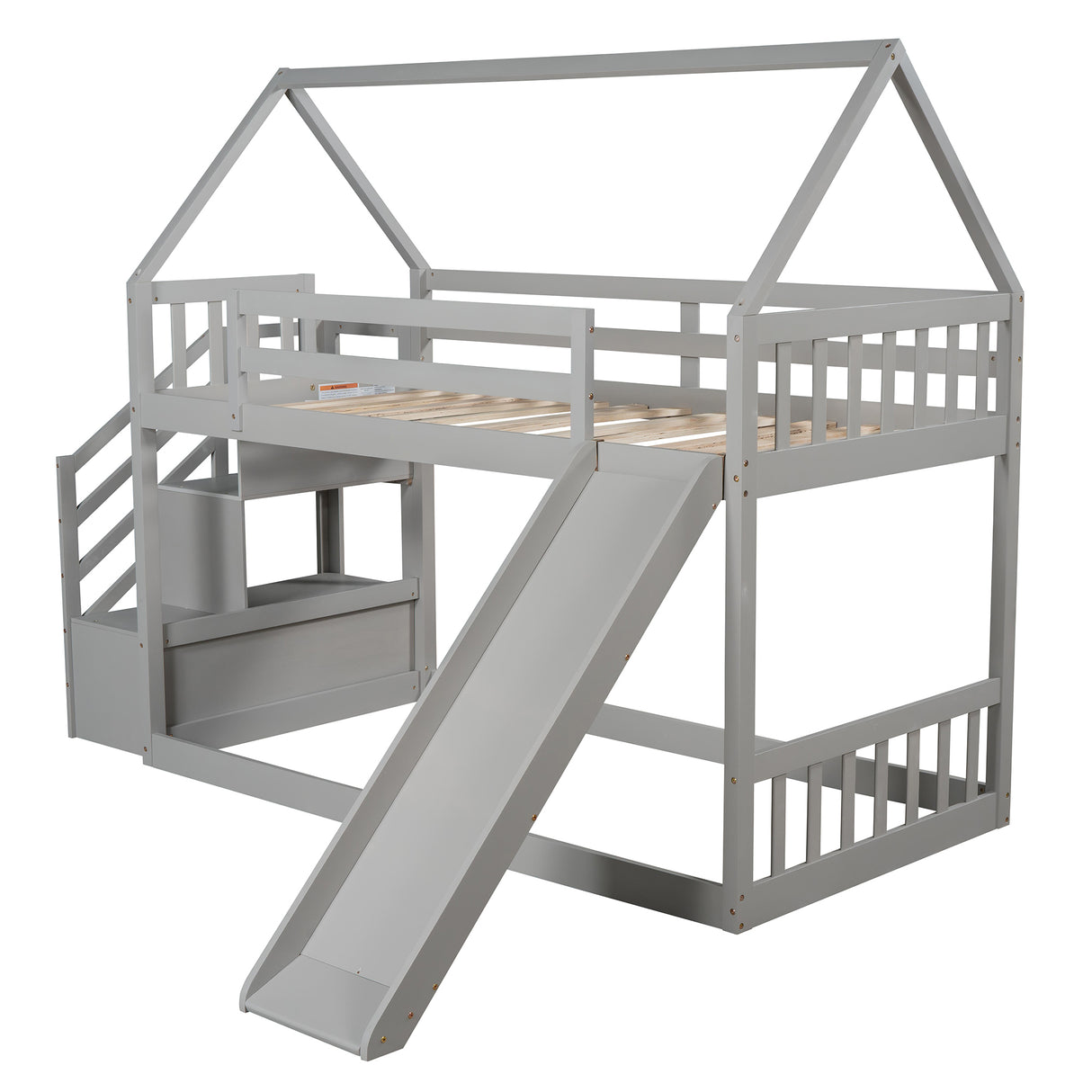 Twin over Twin House Bunk Bed with Slide and Storage Staircase,Grey - Home Elegance USA