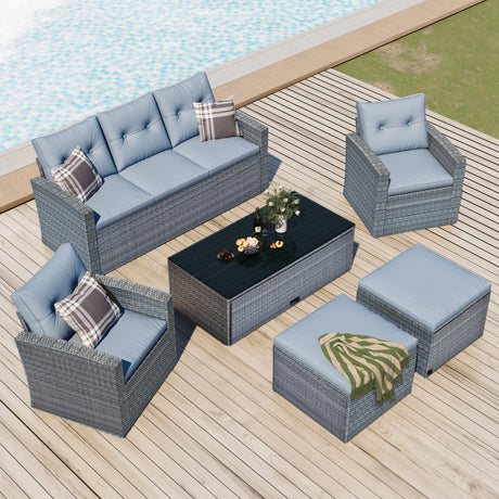 GO 6-piece All-Weather Wicker PE rattan Patio Outdoor Dining Conversation Sectional Set with coffee table, wicker sofas, ottomans,  removable cushions (Dark grey wicker, Light grey cushion)