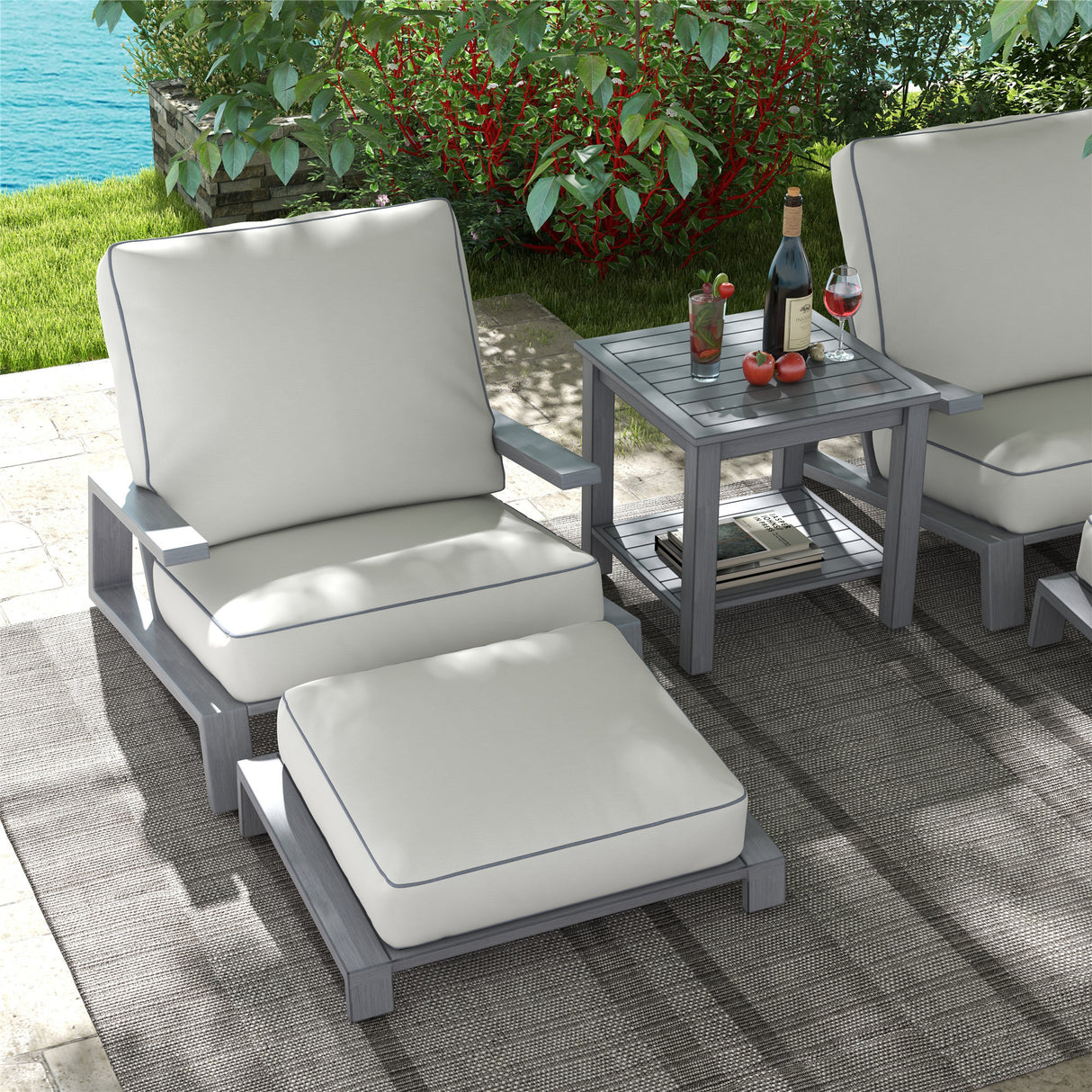 Octavia All-Weather Outdoor, Patio 5-Piece Aluminum Bistro Set with Water-Repellent Cushions for Deck, Backyards, Garden, Lawns, Poolside, and Beach.
