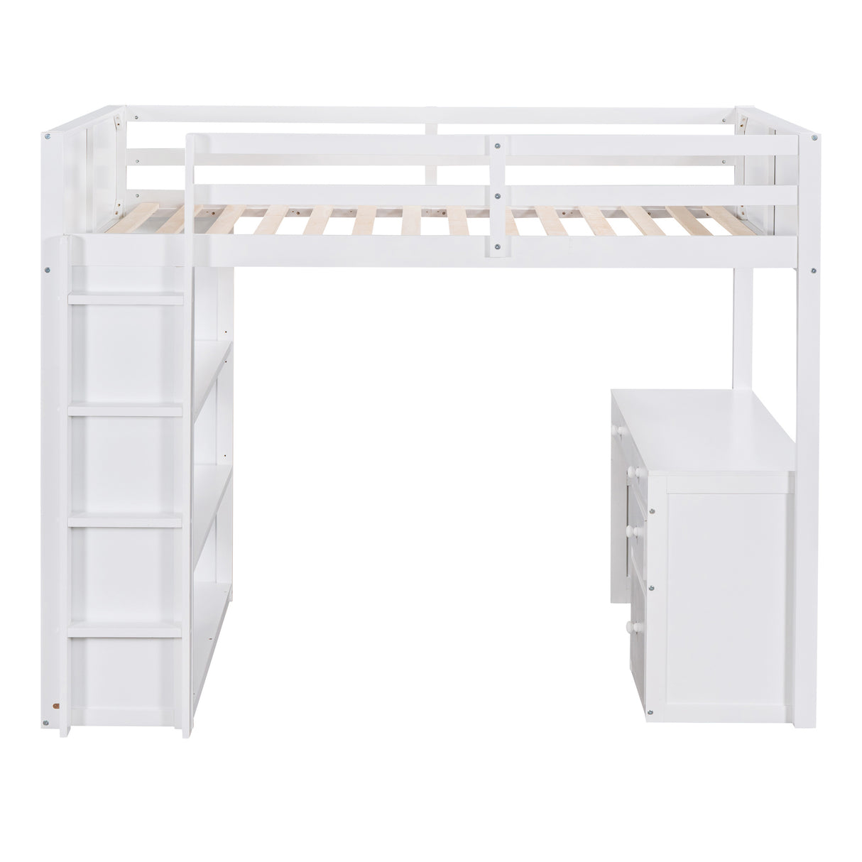 Twin Size Loft Bed with Ladder, Shelves, and Desk, White - Home Elegance USA