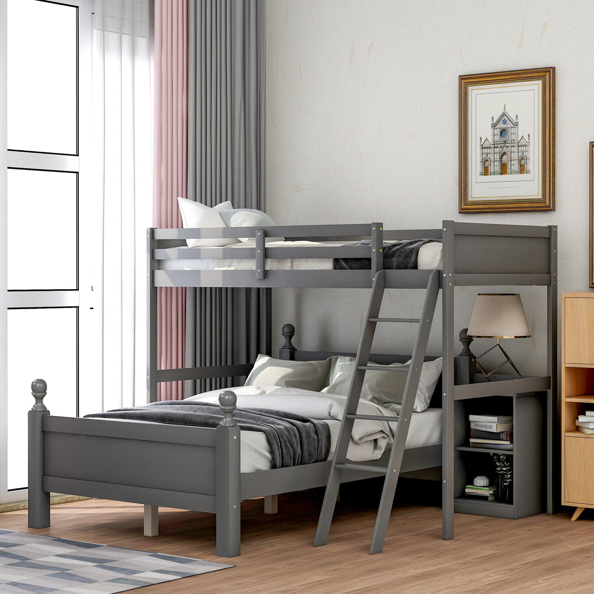 Twin over Full Loft Bed with Cabinet, Gray - Home Elegance USA