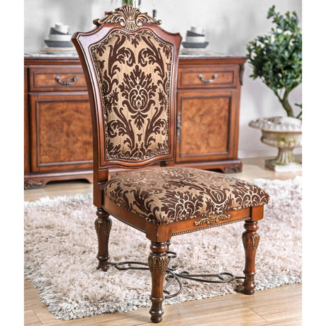 Traditional Fancy Set of 2pcs Side Chairs Brown Cherry Solid wood Intricate Carved Details Floral Design Print Fabric Seats Formal Dining Room Furniture - Home Elegance USA