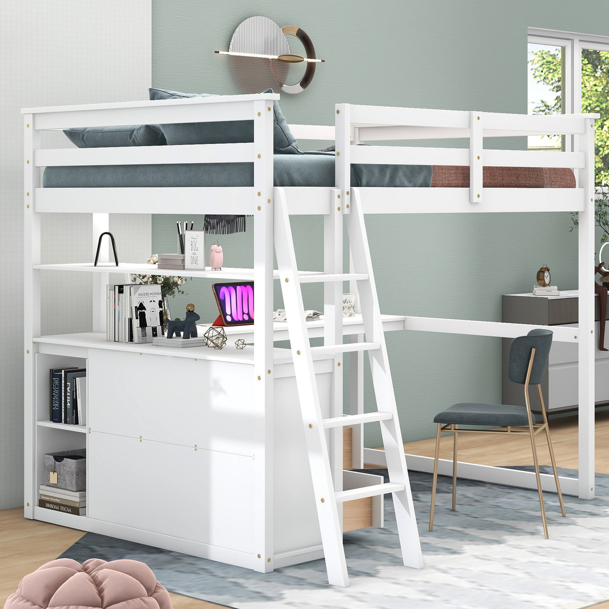 Full Size Loft Bed with Desk and Shelves,Two Built-in Drawers,White - Home Elegance USA