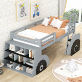 Twin Size Forklift Car-Shaped Loft Bed with Storage Shelves,Gray - Home Elegance USA