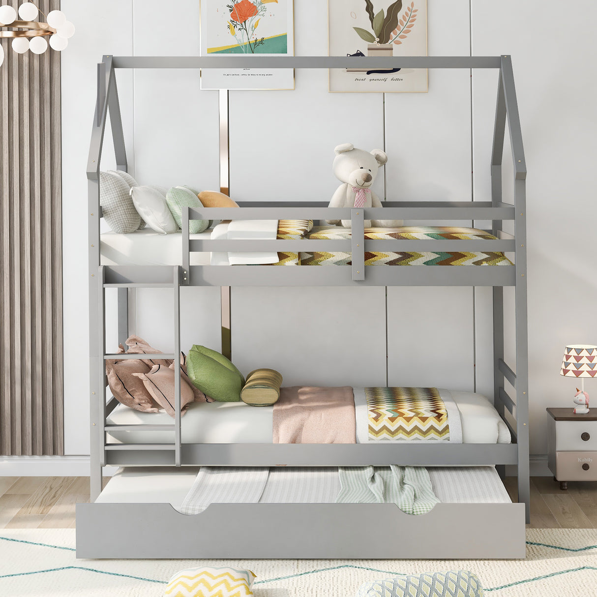 Twin over Twin House Bunk Bed with Trundle and Chimney Design,Gray - Home Elegance USA