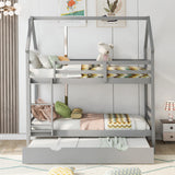 Twin over Twin House Bunk Bed with Trundle and Chimney Design,Gray - Home Elegance USA
