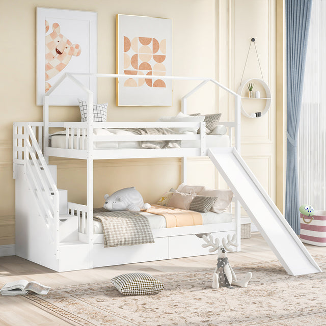 Twin over Twin House Bunk Bed with Two Drawers and Slide,Storage Staircase,White(OLD SKU:GX000906AAK) - Home Elegance USA