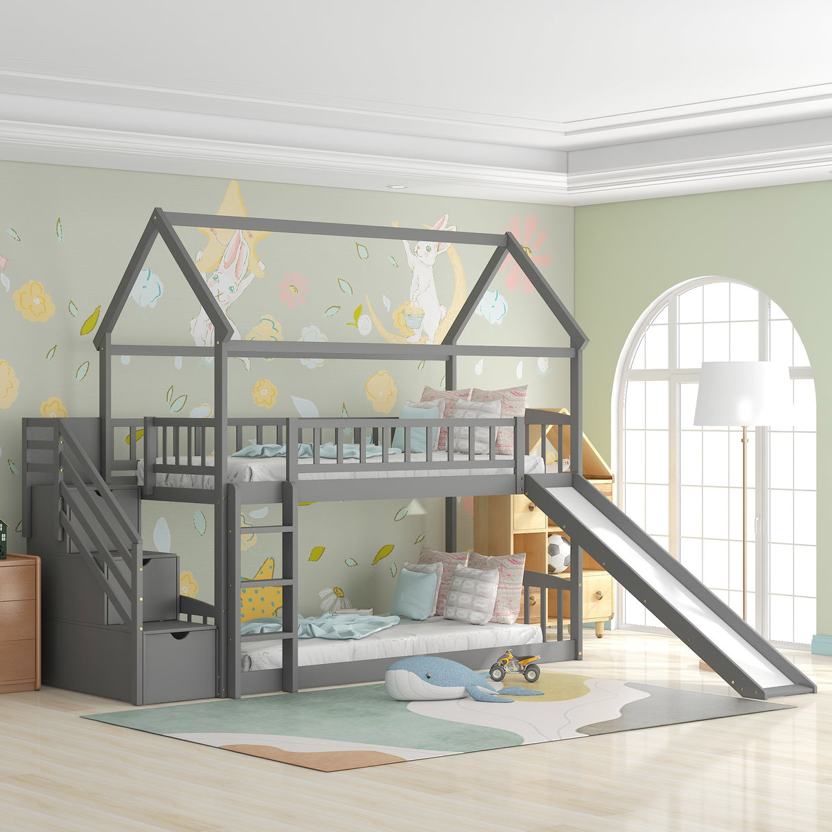 Twin Over Twin Bunk Bed with Drawers and Slide, House Bed with Slide,Gray(OLD SKU :LT000215AAE) - Home Elegance USA